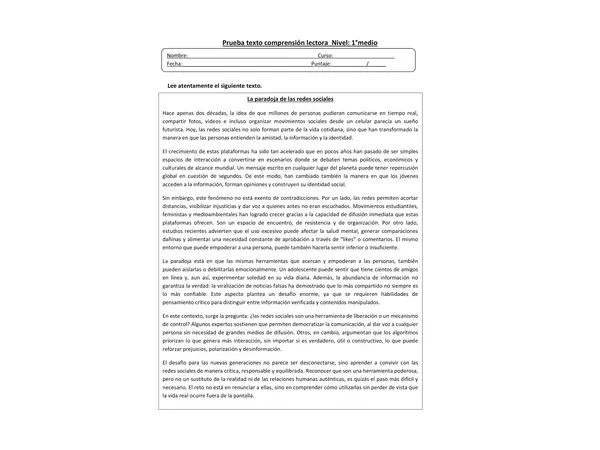 prueba o guia de comprensión lectora 1°medio