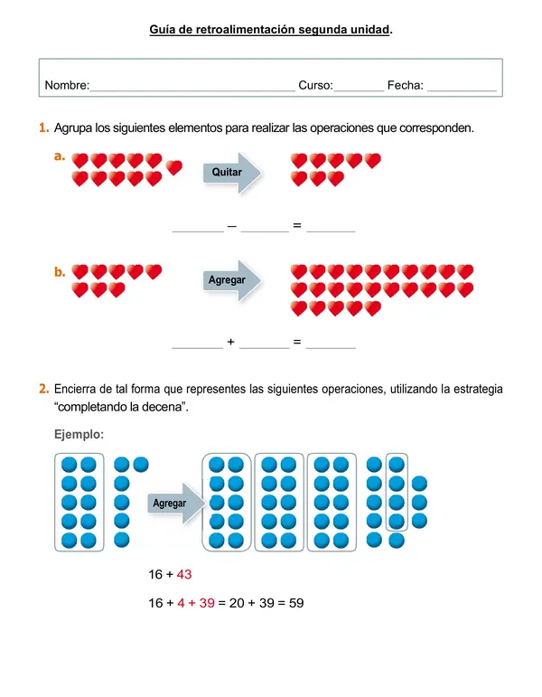 Guía 2°año "Secuencia, patrones, problemas, agregar, quitar, completar decena"