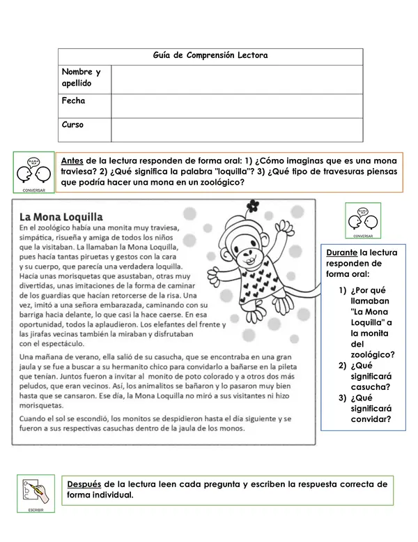 Comprensión lectora "La mona loquilla"
