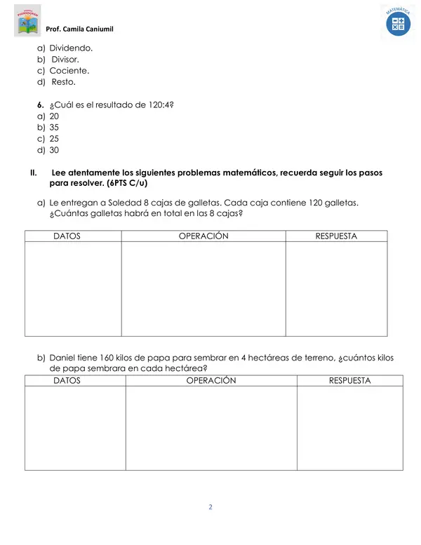 Evaluación resolución de problemas (división y multiplicación)