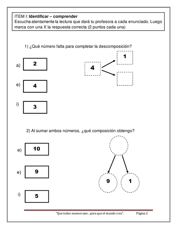 "Evaluación de matemática del 1 al 10"