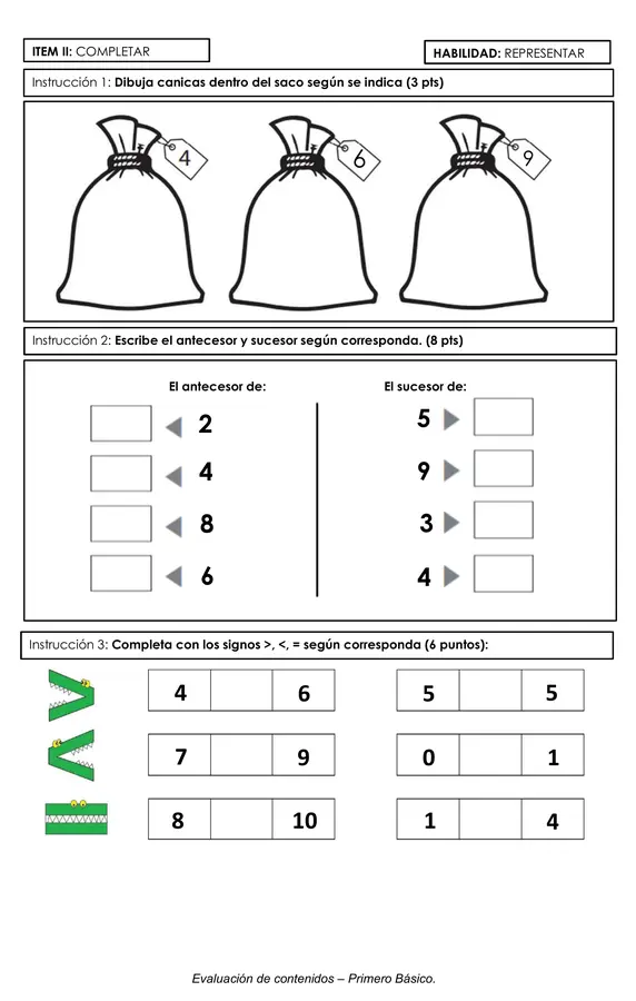Evaluación Matemática 1 básico números hasta el 10 y números ordinales