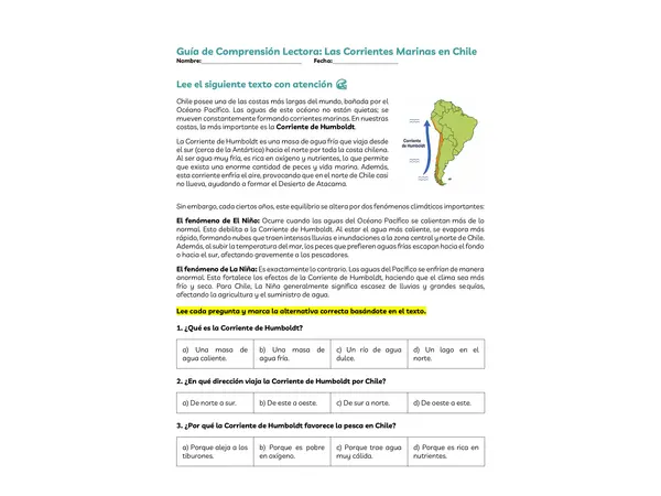 Guía de Comprensión Lectora: Las Corrientes Marinas en Chile