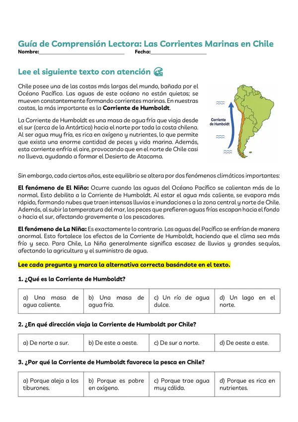 Guía de Comprensión Lectora: Las Corrientes Marinas en Chile