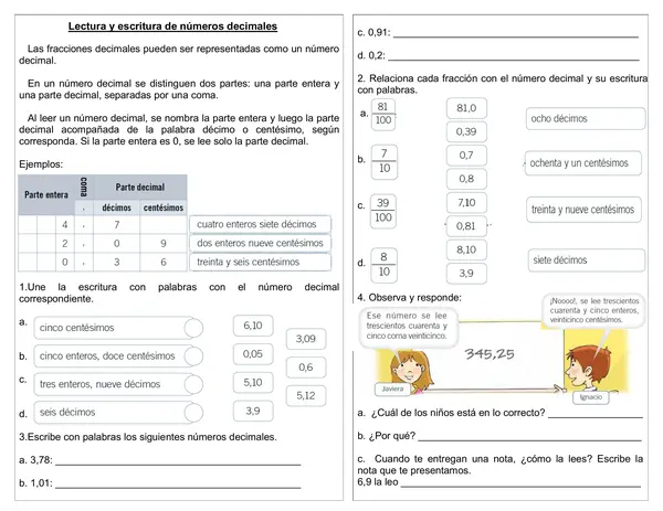 Guía 4°año "Lectura y escritura de números decimales"
