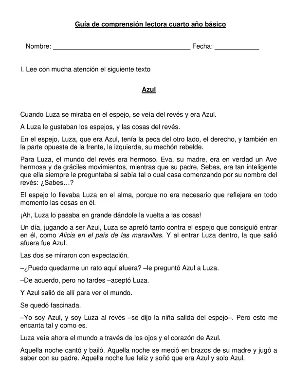 Guía editable comprensión de cuento "Azul" 4° año