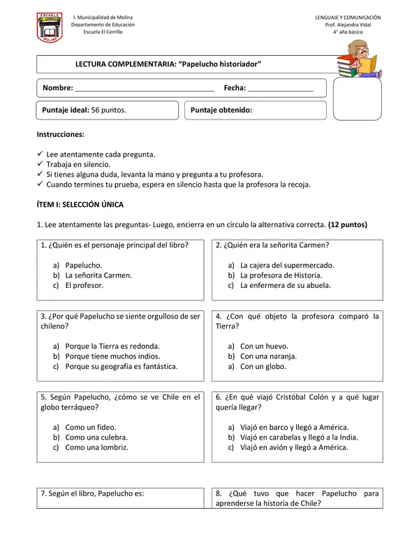 Prueba lectura complementaria: Papelucho historiador