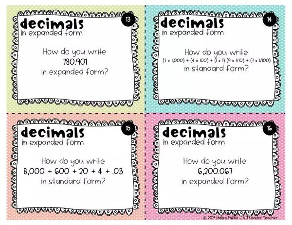 Decimal numbers in expanded and standard form task cards 