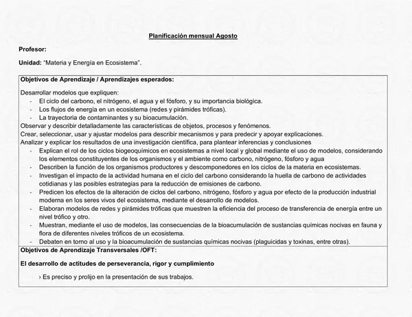 Planificación Clase a Clase Agosto - Ciencias Naturales - Biología - 1° Medio