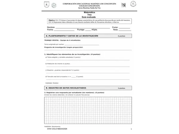 Guía Evaluada Matemática 7° Básico | Estadística, Muestreo, Frecuencias y Gráficos