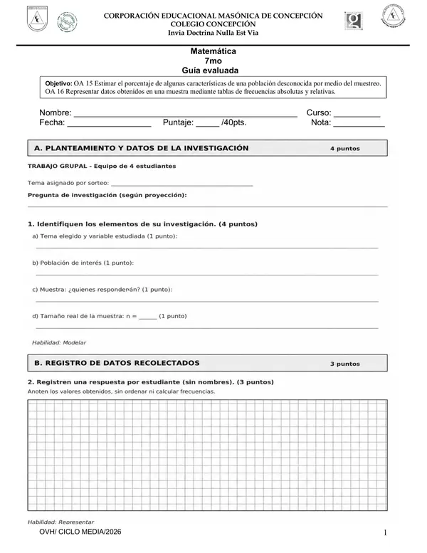 Guía Evaluada Matemática 7° Básico | Estadística, Muestreo, Frecuencias y Gráficos
