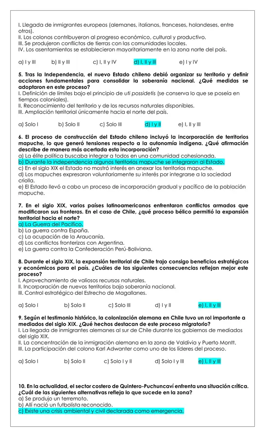 Prueba Historia - Expansión territorial en Chile en el siglo XIX