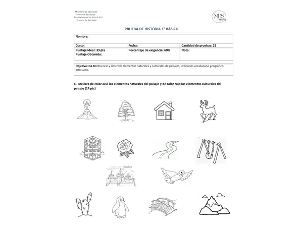 Evaluación elementos naturales y culturales del paisaje 1° básico