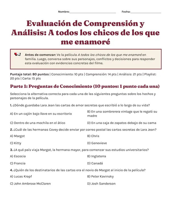 Evaluación Película "A todos los chicos de los que me enamoré"
