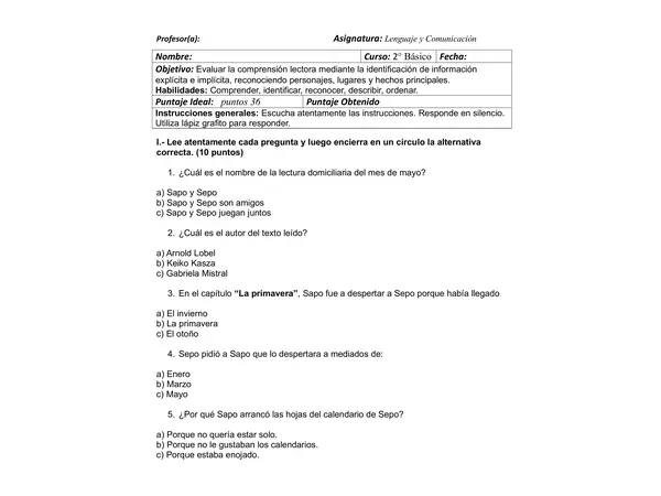 Evaluación Sapo y Sepo son amigos