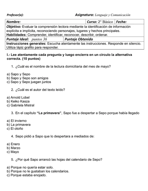 Evaluación Sapo y Sepo son amigos