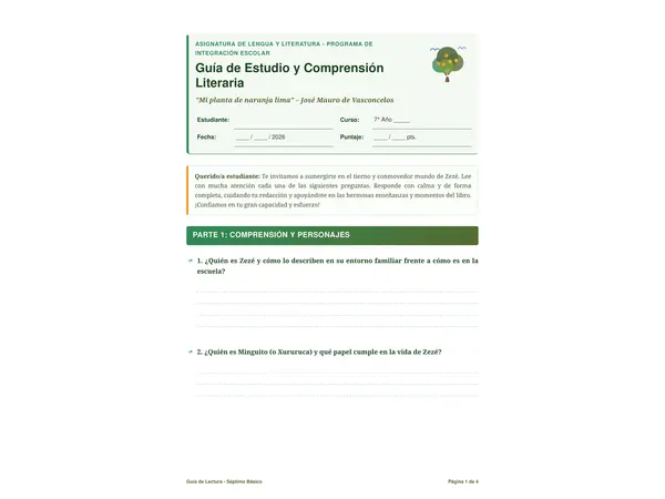 Guía de lectura libro "Mi planta de naranja lima"