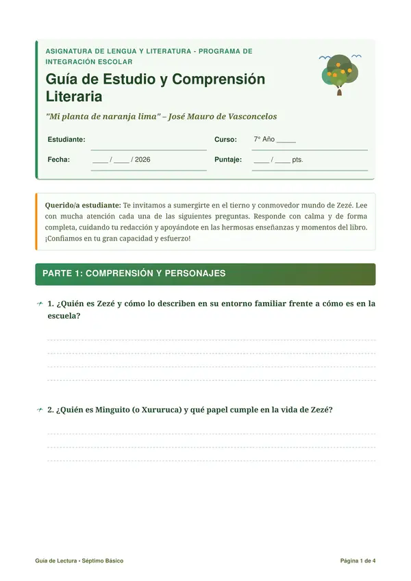 Guía de lectura libro "Mi planta de naranja lima"