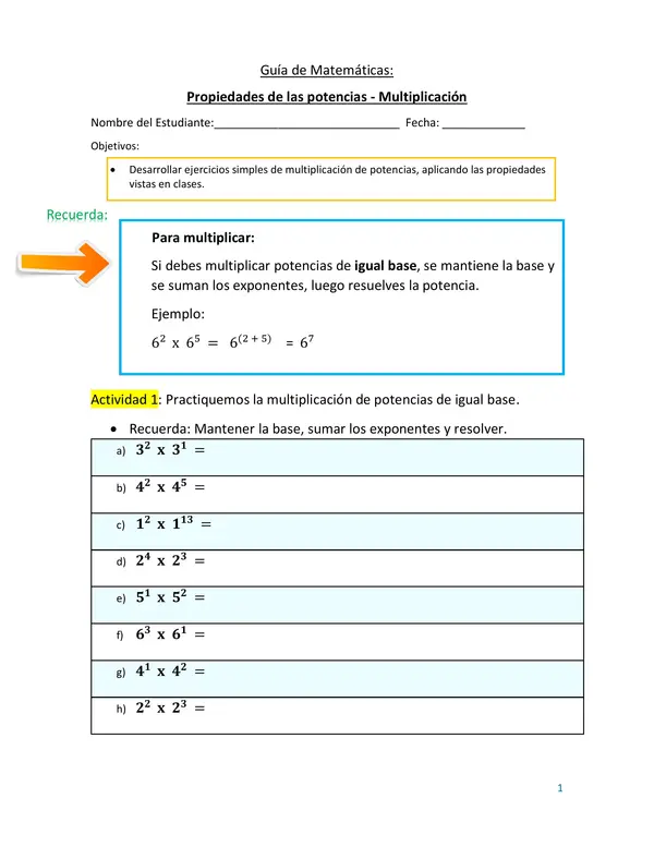 guia de multiplicación de potencias