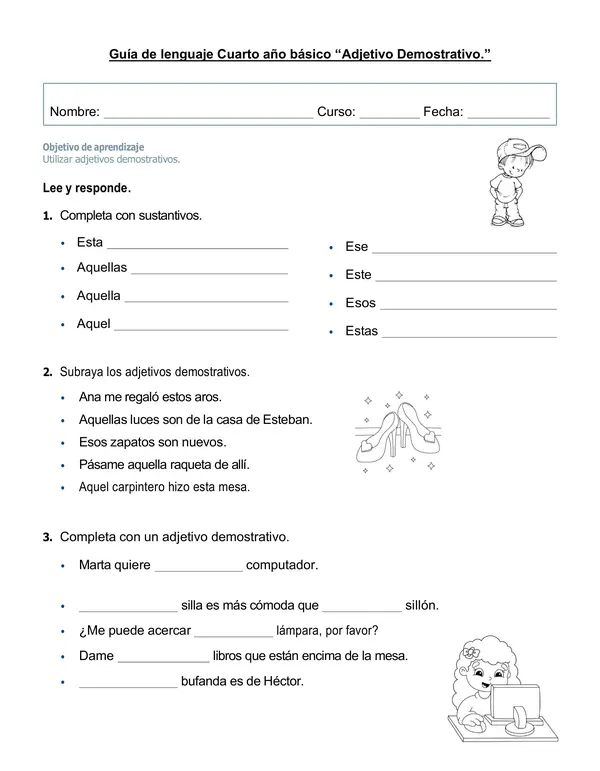 Guía de lenguaje 4°año "Adjetivo demostrativo"