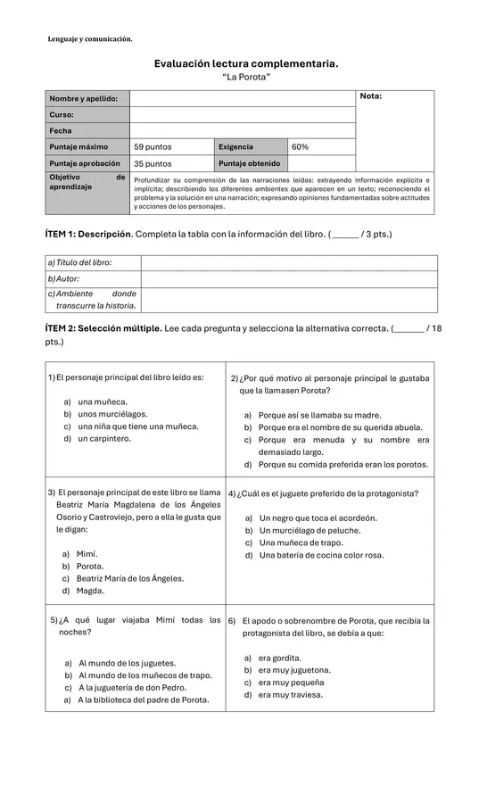 Evaluación libro "La Porota"