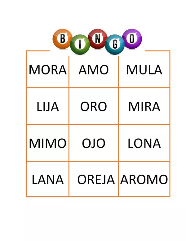 BINGO PALABRAS CON J,M,N,L,R (METODO MATTE)