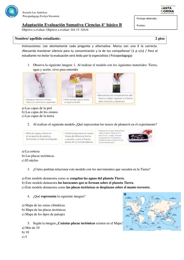 Evaluación Capas de la tierra" 4° básico