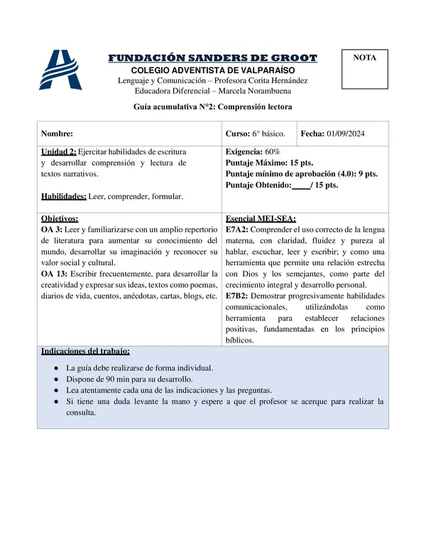 Guía acumulativa N°2: "Comprensión lectora" 6° básico