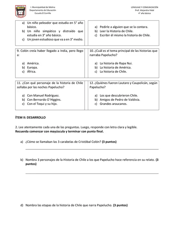 Prueba lectura complementaria: Papelucho historiador