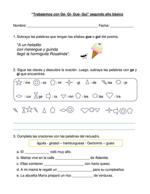 Guía "Palabras con ge-gi- gue-gui" segundo año.