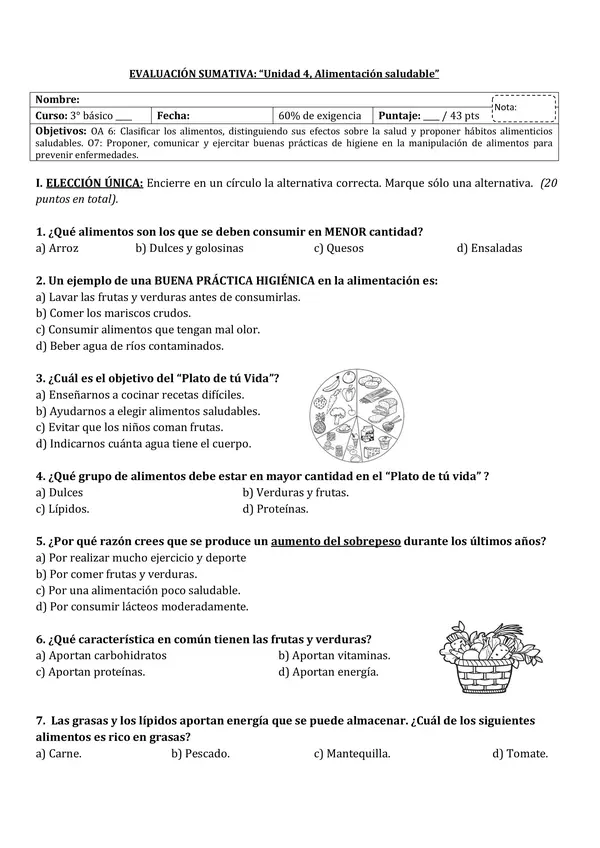 PRUEBA DE ALIMENTACIÓN SALUDABLE (3° básico ciencias naturales)