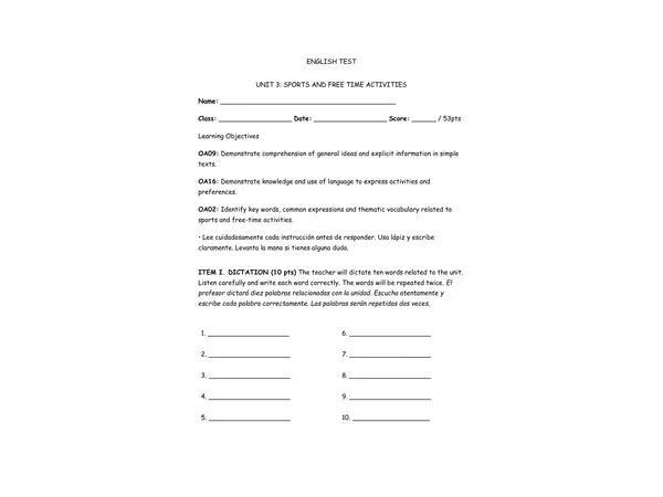 Prueba unidad 3 Sports and free time activities