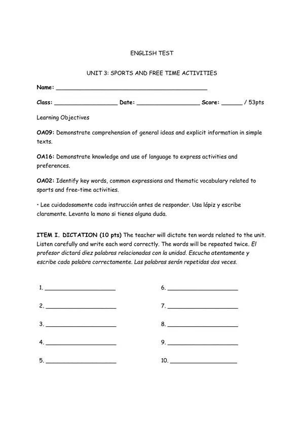 Prueba unidad 3 Sports and free time activities