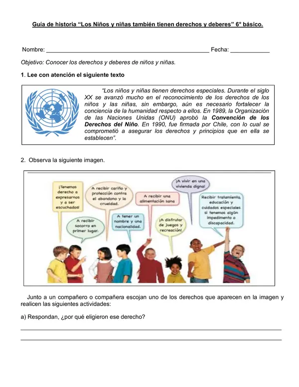 Guía de historia "Derechos y deberes de los niños" 6° año básico.