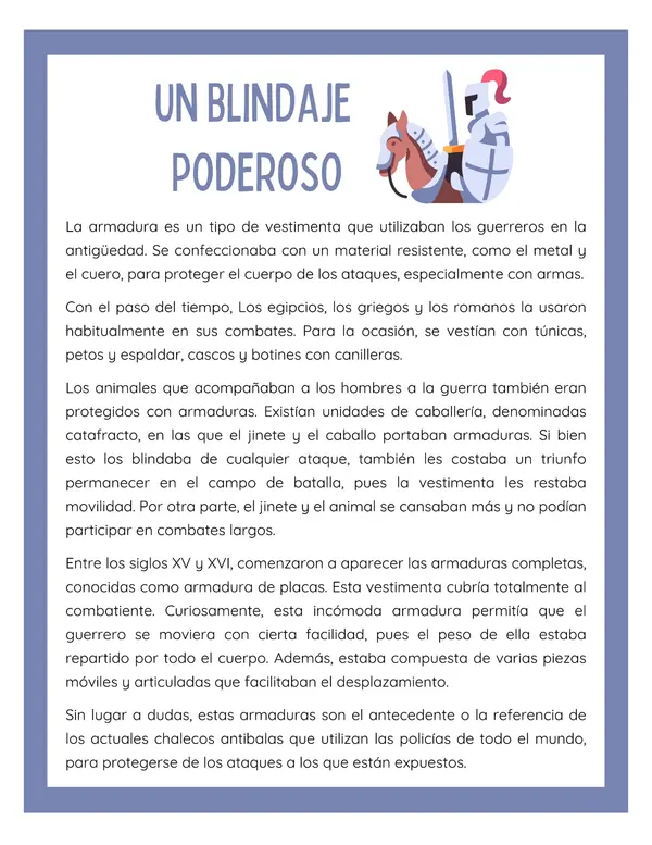 Comprensión lectora: Artículo informativo - Un blindaje poderoso