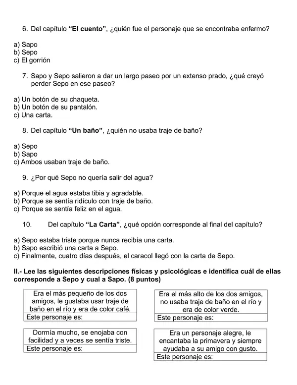 Evaluación Sapo y Sepo son amigos