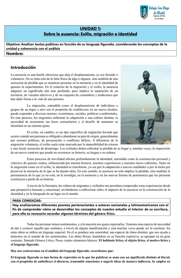 guía de aprendizaje "unidad 1: sobre la ausencia, exilio migración e identidad" 2EM