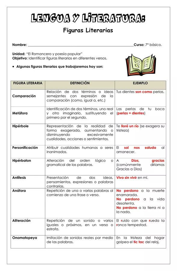 Guía de trabajo - Figuras literarias - 7° básico (Lengua y literatura)