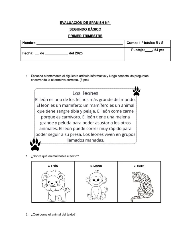 Evaluación lenguaje  primero básico 