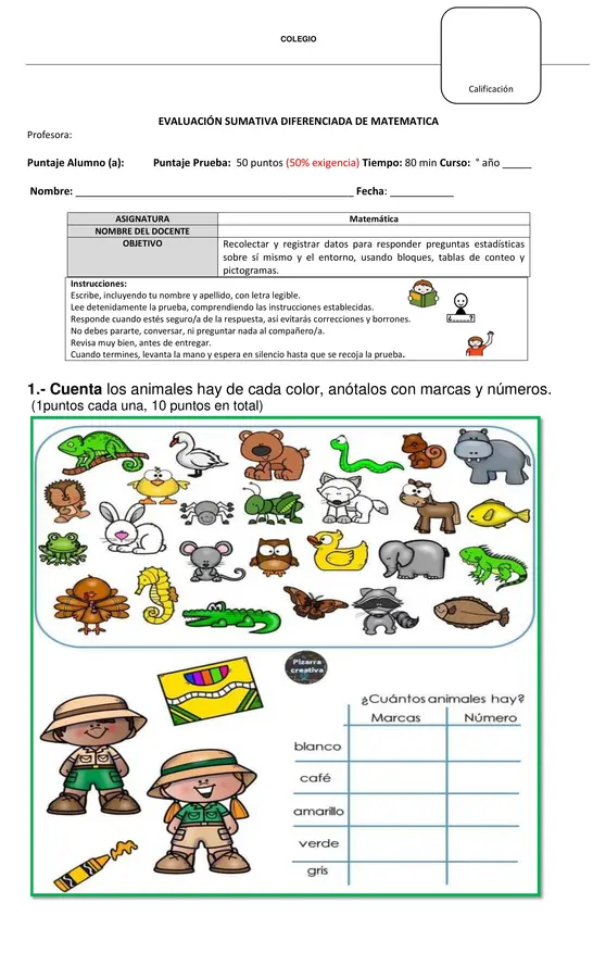 Evaluación sumativa Diferenciada de Matemática primero básico