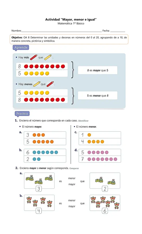 Actividad descargable: Mayor, menor e igual – Matemática | 1° Básico