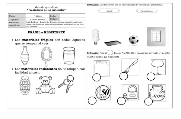 🌱 Guía de Ciencias Naturales – Propiedades de los Materiales (1° Básico)