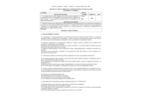 Prueba: Influencia del liberalismo en Europa y América
