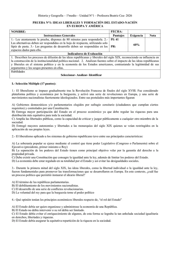 Prueba: Influencia del liberalismo en Europa y América