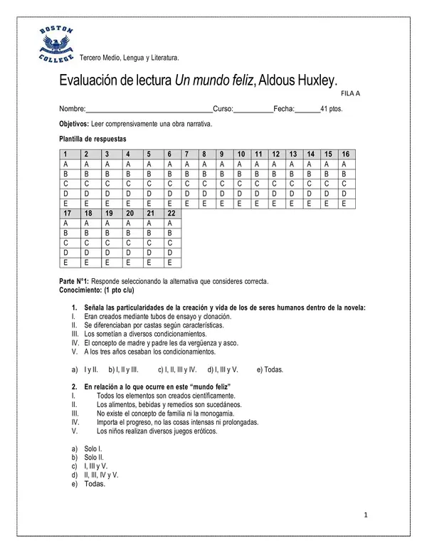 Prueba "Un mundo feliz" Aldous Huxley, tercero medio. 