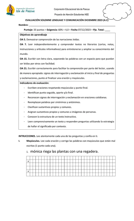 Evaluación de lenguaje y comunicación