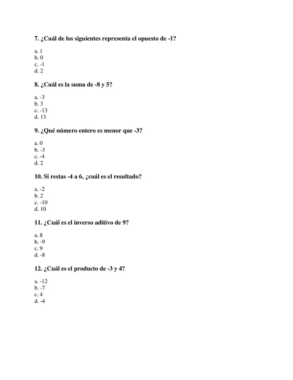 Evaluación de números enteros (selección múltiple) octavo básico