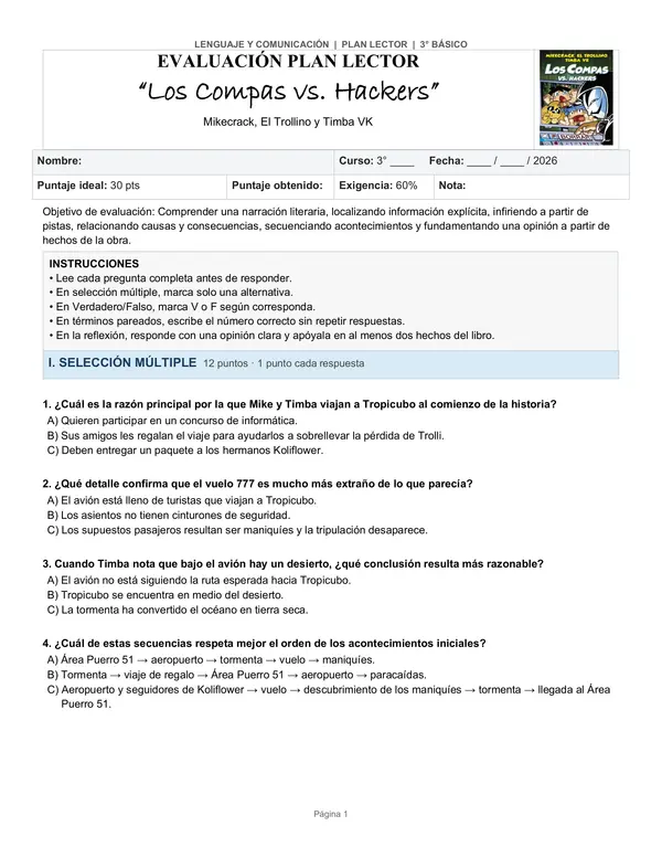 Evaluación Plan Lector + Pauta Docente | Los Compas vs. Hackers | 3° básico