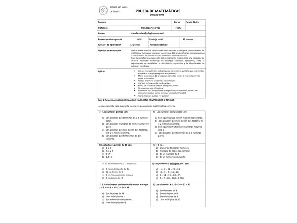 evaluacion unidad uno multiplos y divisores