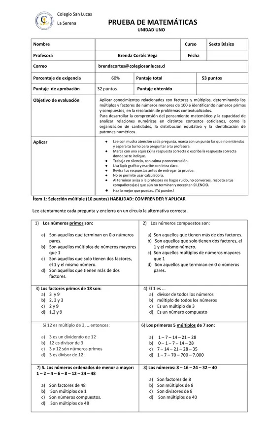 evaluacion unidad uno multiplos y divisores
